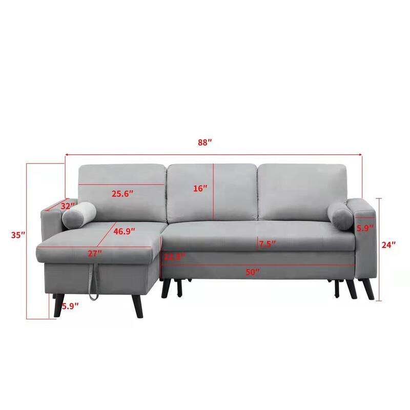 Velvet LShape Sectional Sofas Bed, 88" Reversible Pull out Sleeper